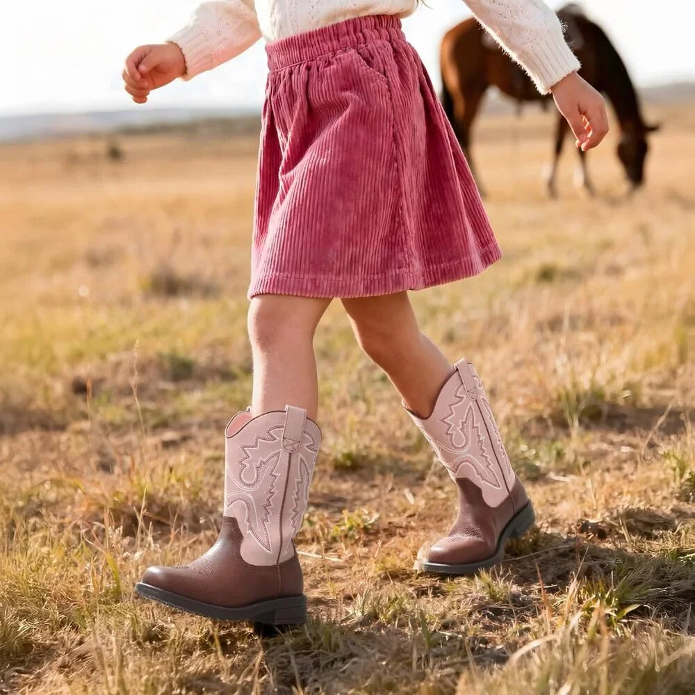 ⚡Girls Pink Brown Cowboy Boots Toddler Mid Calf Western Square Toe Riding Boot